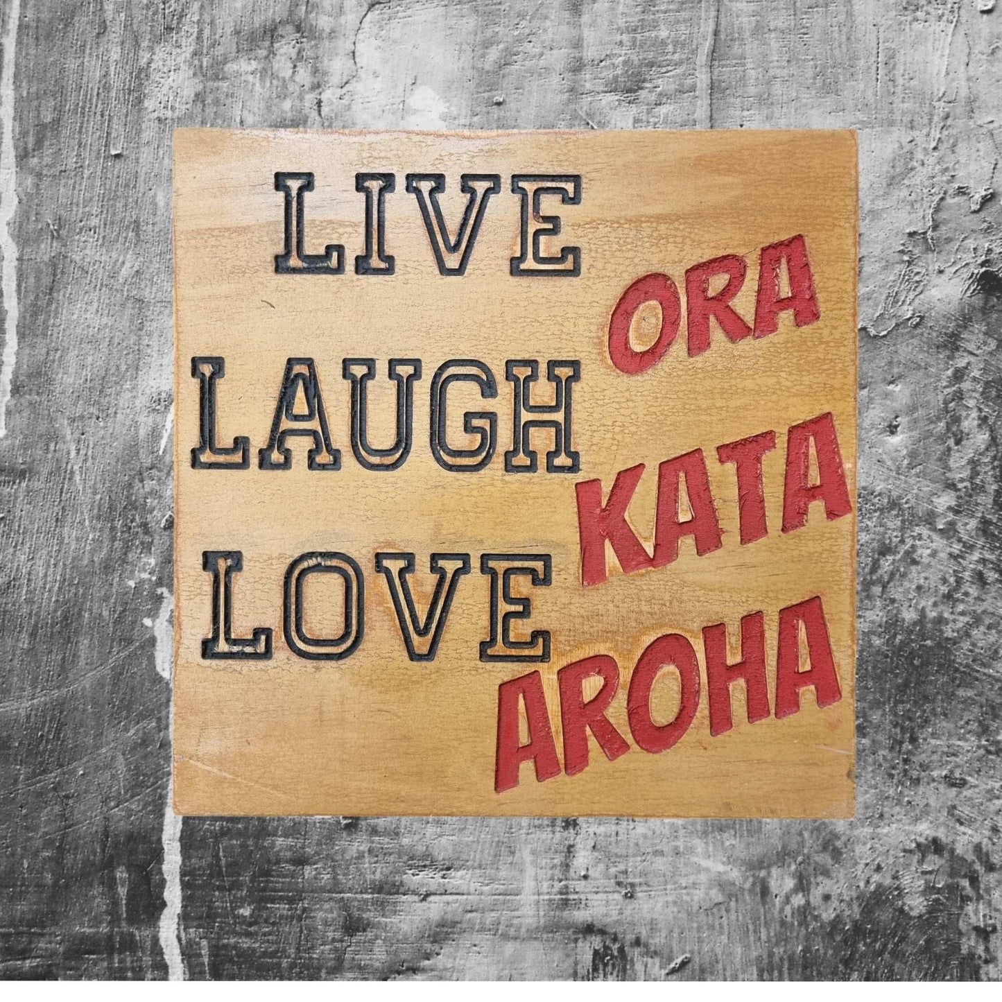 Carved Plywood sign "Live Laugh Love in Eng & Maori 300x300mm - Vintique Concepts