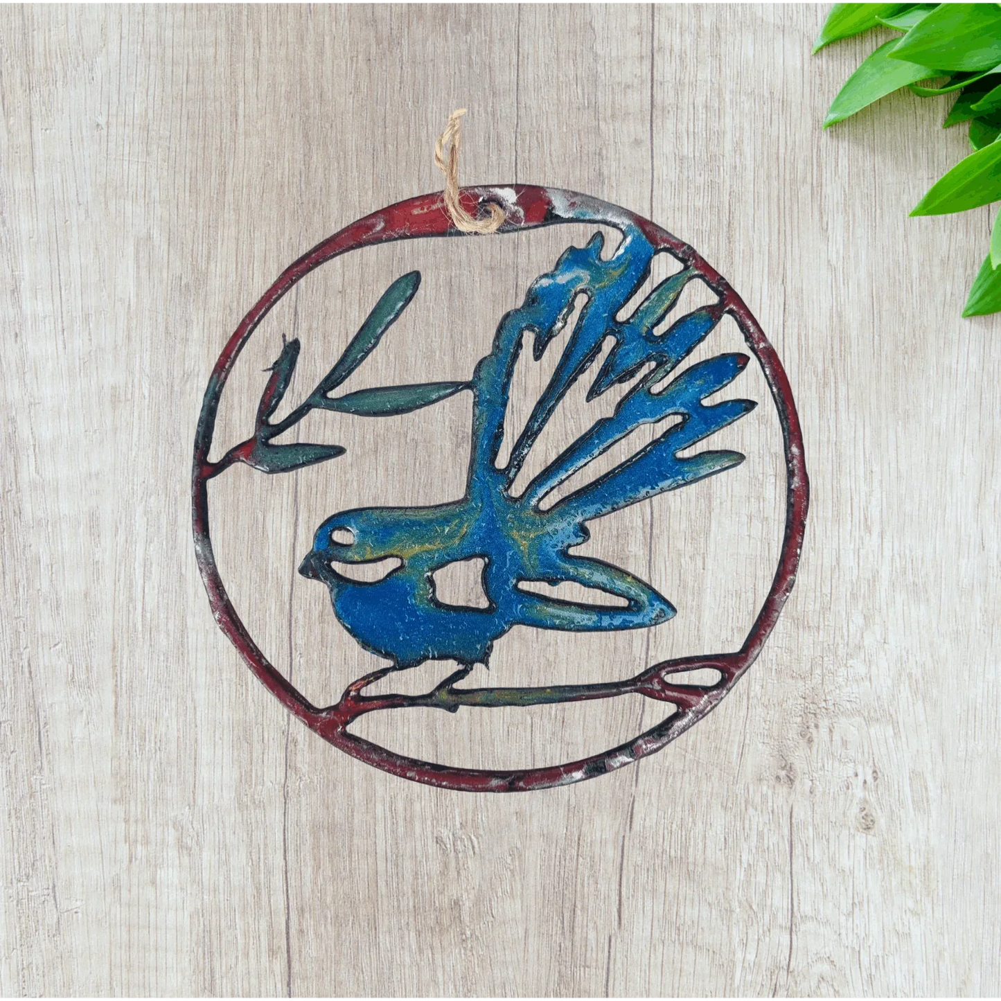 large fantail circle wall metal art coated in pourable epoxy 180mm dia - Vintique Concepts