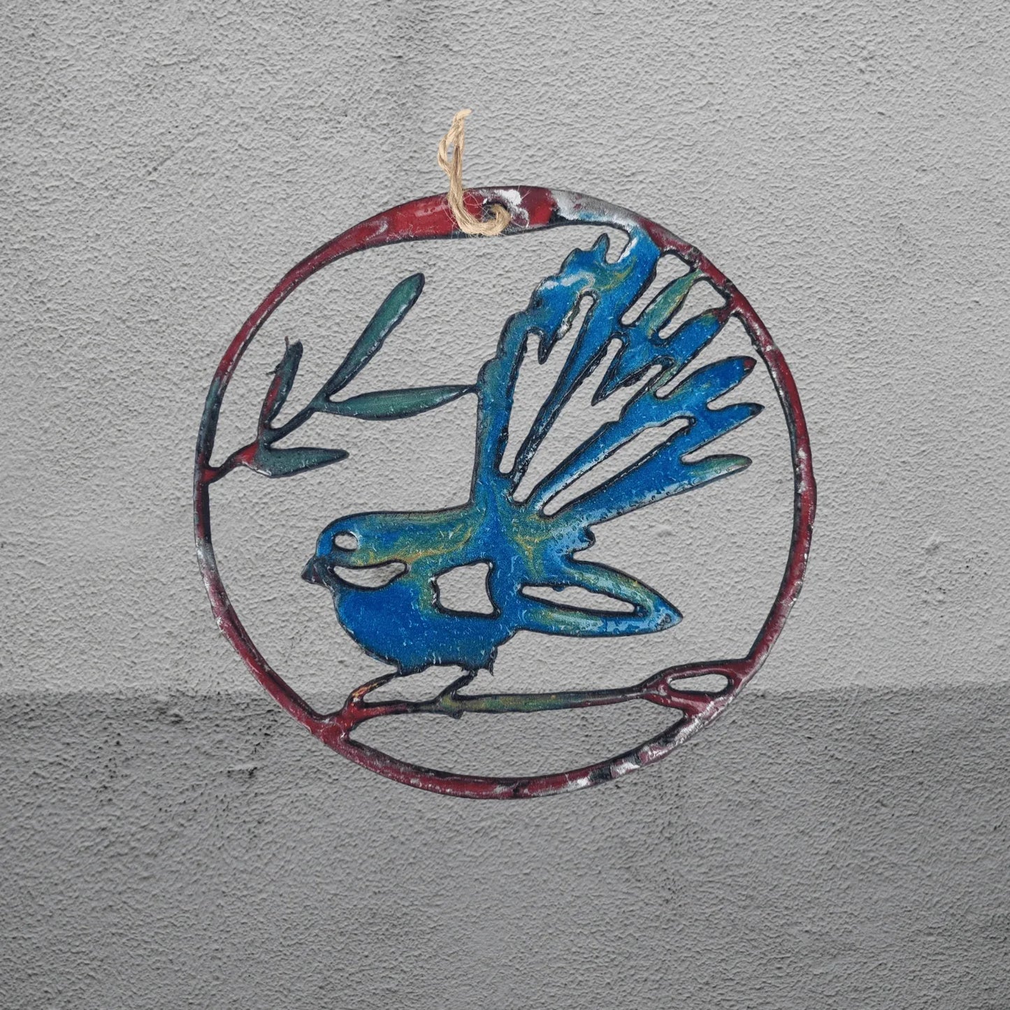 Small fantail circle wall metal art coated in pourable epoxy 120mm dia - Vintique Concepts