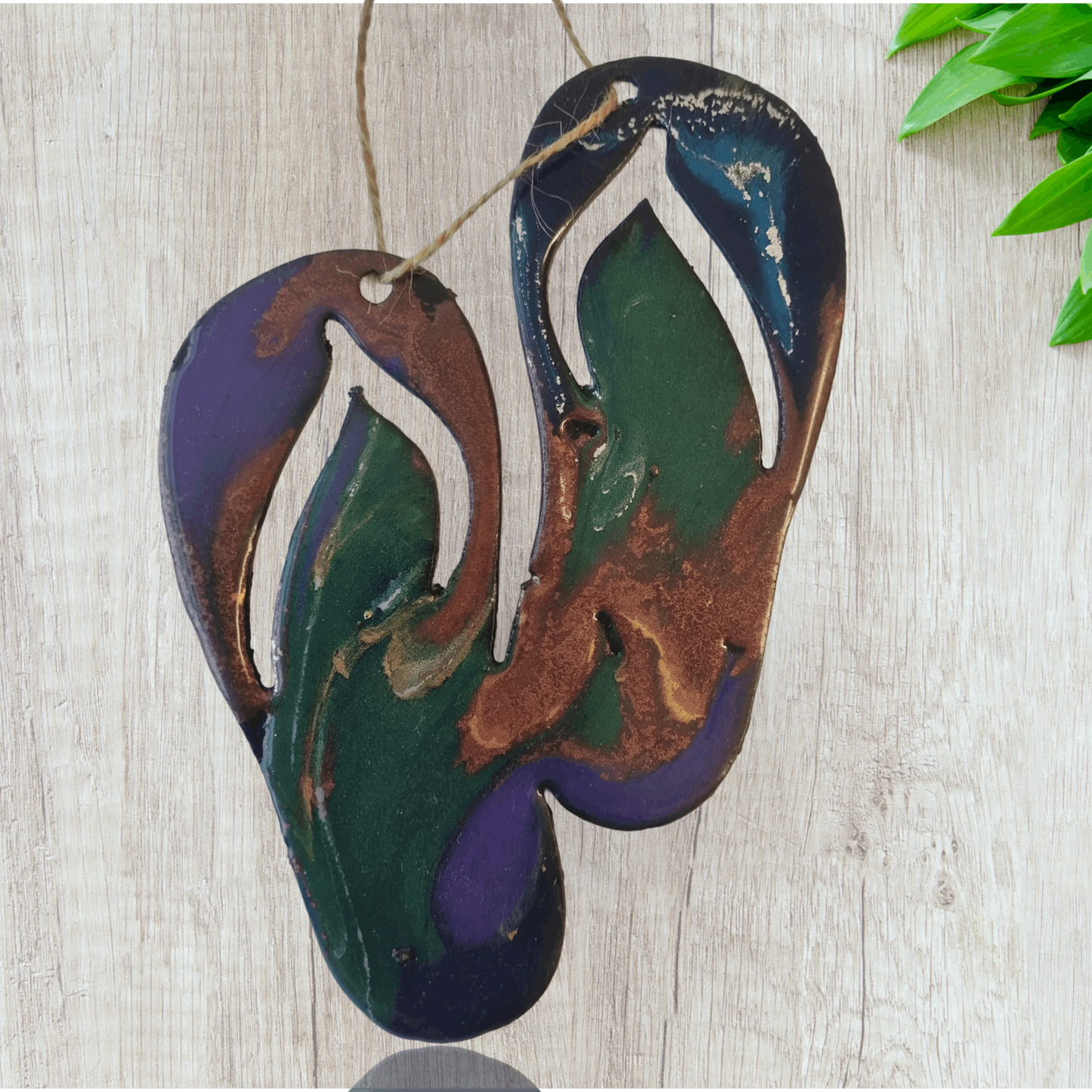 Jandals metal art coated in pourable epoxy 130,mm x 160mnm - Vintique Concepts
