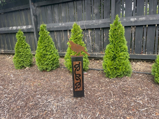 Corten Tui (NZ Song Bird) on Black stained Post-Garden Art