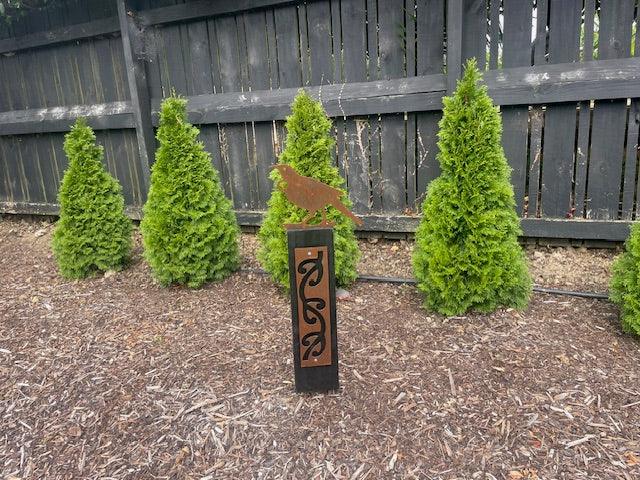 Corten Tui (NZ Song Bird) on Black stained Post-Garden Art - Vintique Concepts