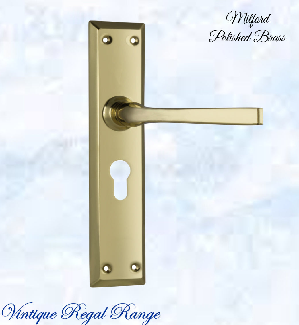 Polished Brass Milford longplate lever door handle 225 x 50mm (4 types)-Vintique Concepts