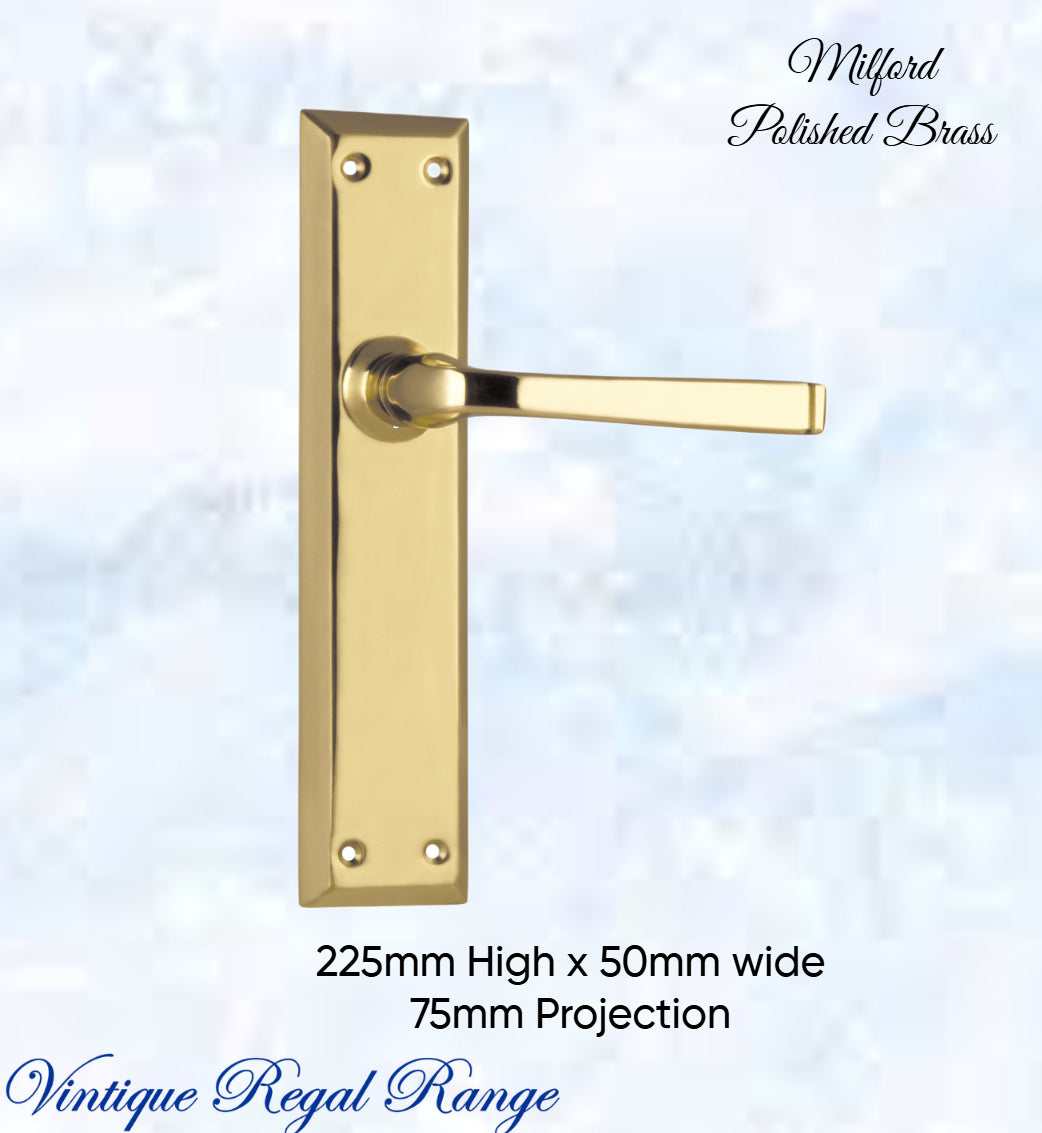 Polished Brass Milford longplate lever door handle 225 x 50mm (4 types)-Vintique Concepts