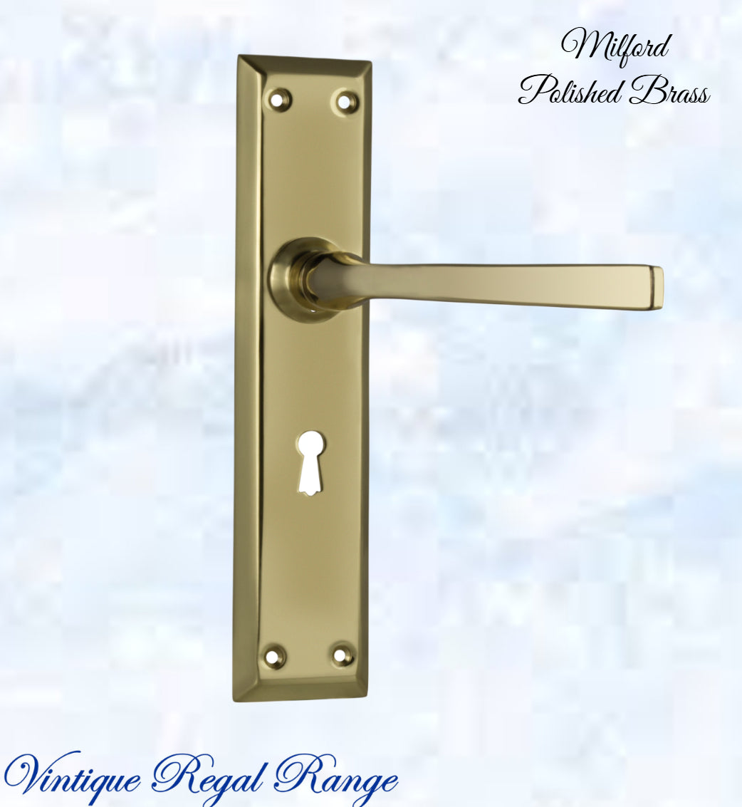 Polished Brass Milford longplate lever door handle 225 x 50mm (4 types)-Vintique Concepts