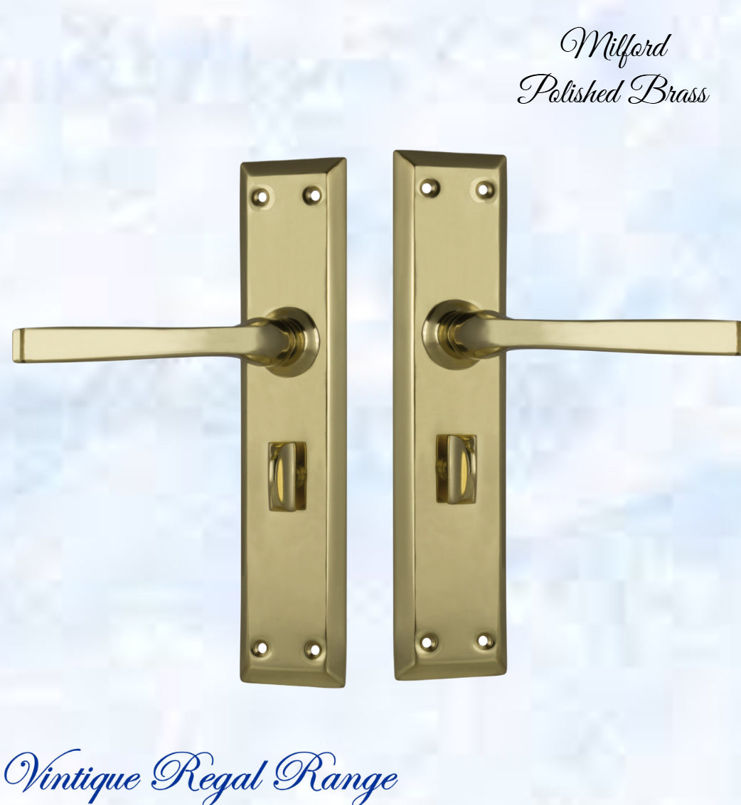 Polished Brass Milford longplate lever door handle 225 x 50mm (4 types)-Vintique Concepts