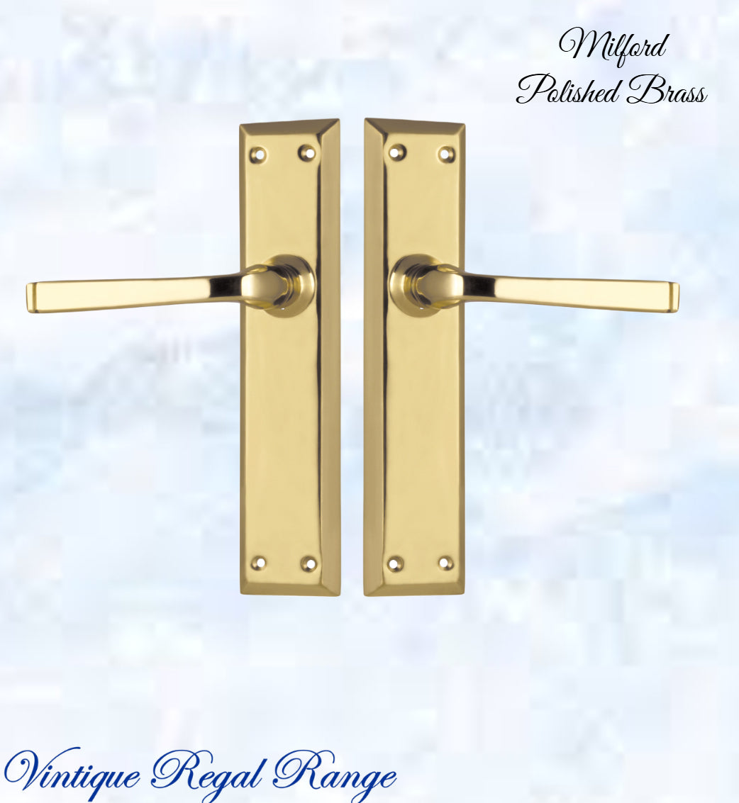 Polished Brass Milford longplate lever door handle 225 x 50mm (4 types)-Vintique Concepts
