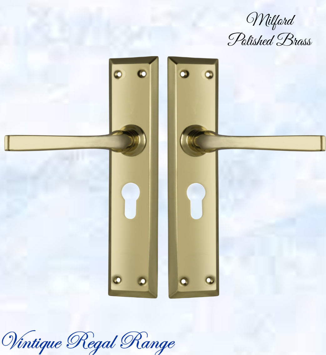 Polished Brass Milford longplate lever door handle 225 x 50mm (4 types)-Vintique Concepts