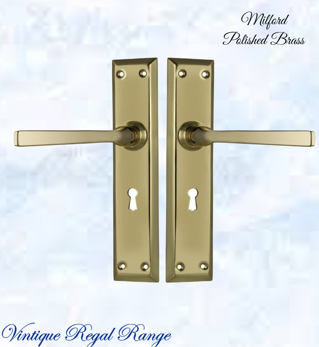 Polished Brass Milford longplate lever door handle 225 x 50mm (4 types)-Vintique Concepts