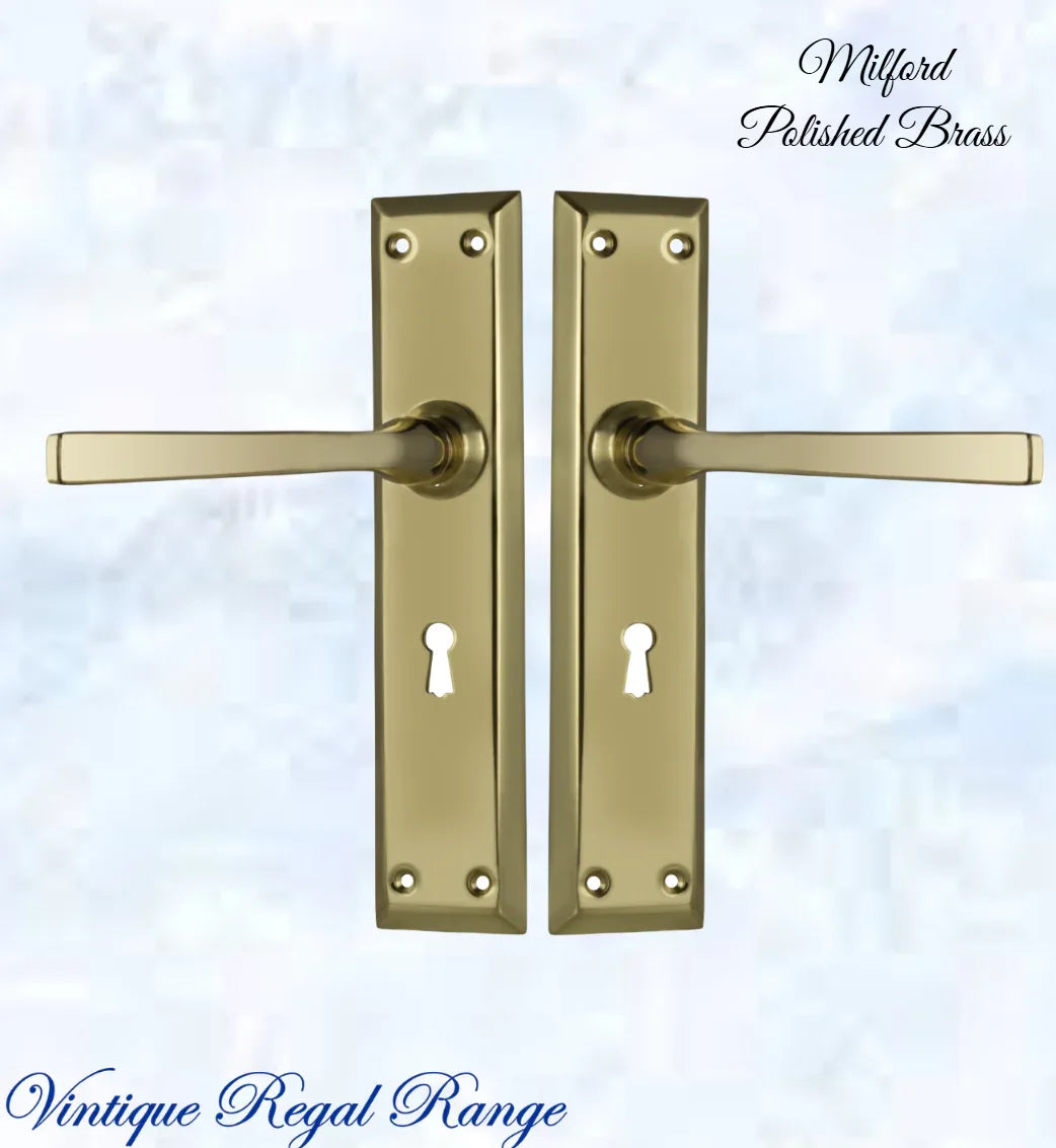 Polished Brass Milford longplate lever door handle 225 x 50mm (4 types) - Vintique Concepts