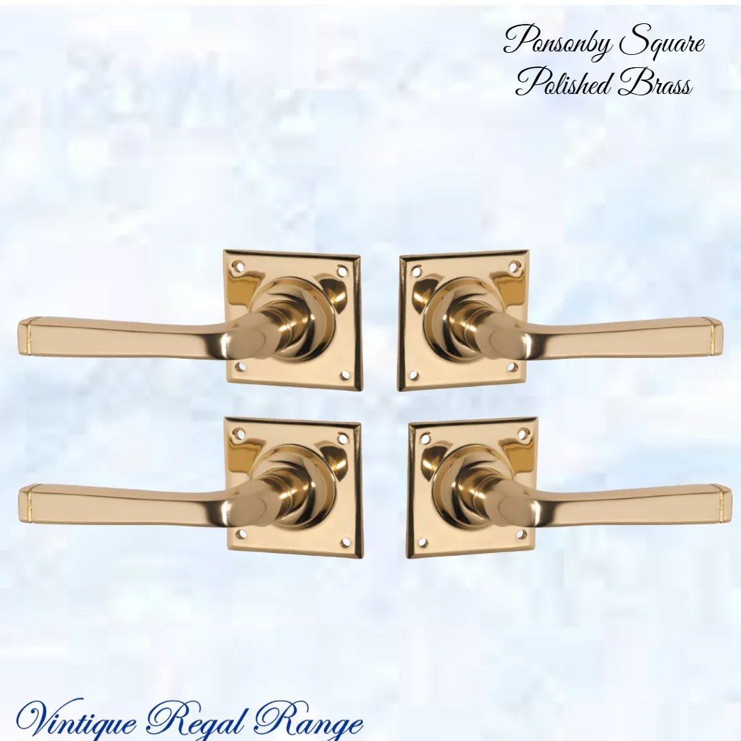 Ponsonby Square Polished Brass lever door handle 60x60mm - Vintique Concepts