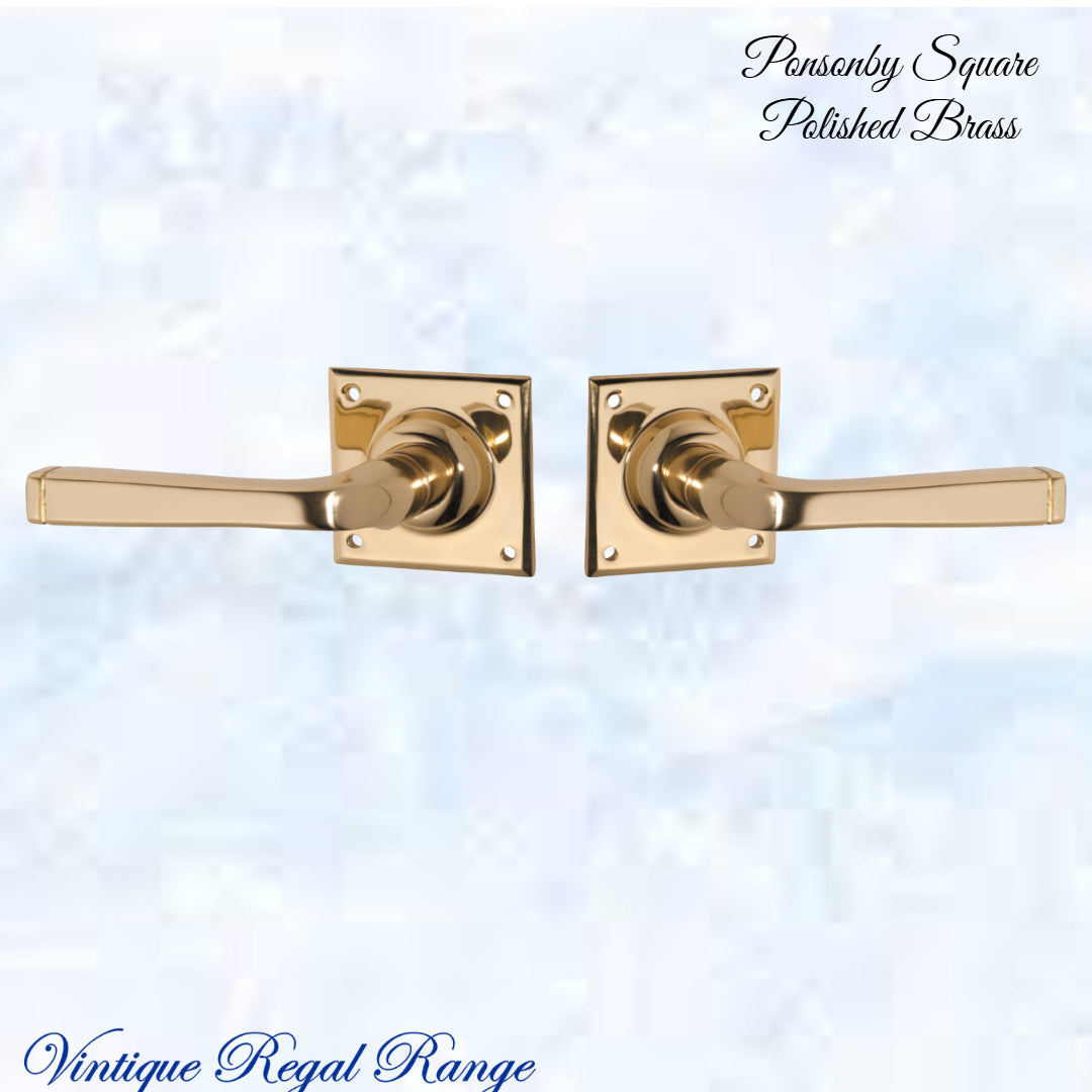 Ponsonby Square Polished Brass lever door handle 60x60mm-Vintique Concepts