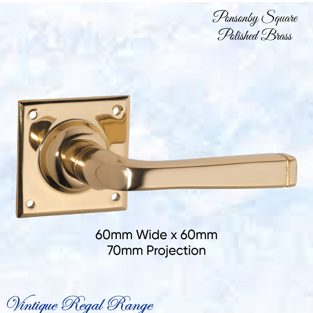 Ponsonby Square Polished Brass lever door handle 60x60mm-Vintique Concepts
