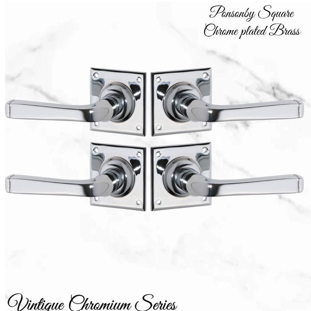 Ponsonby Square Chrome plated lever door handle 60x60mm-Vintique Concepts