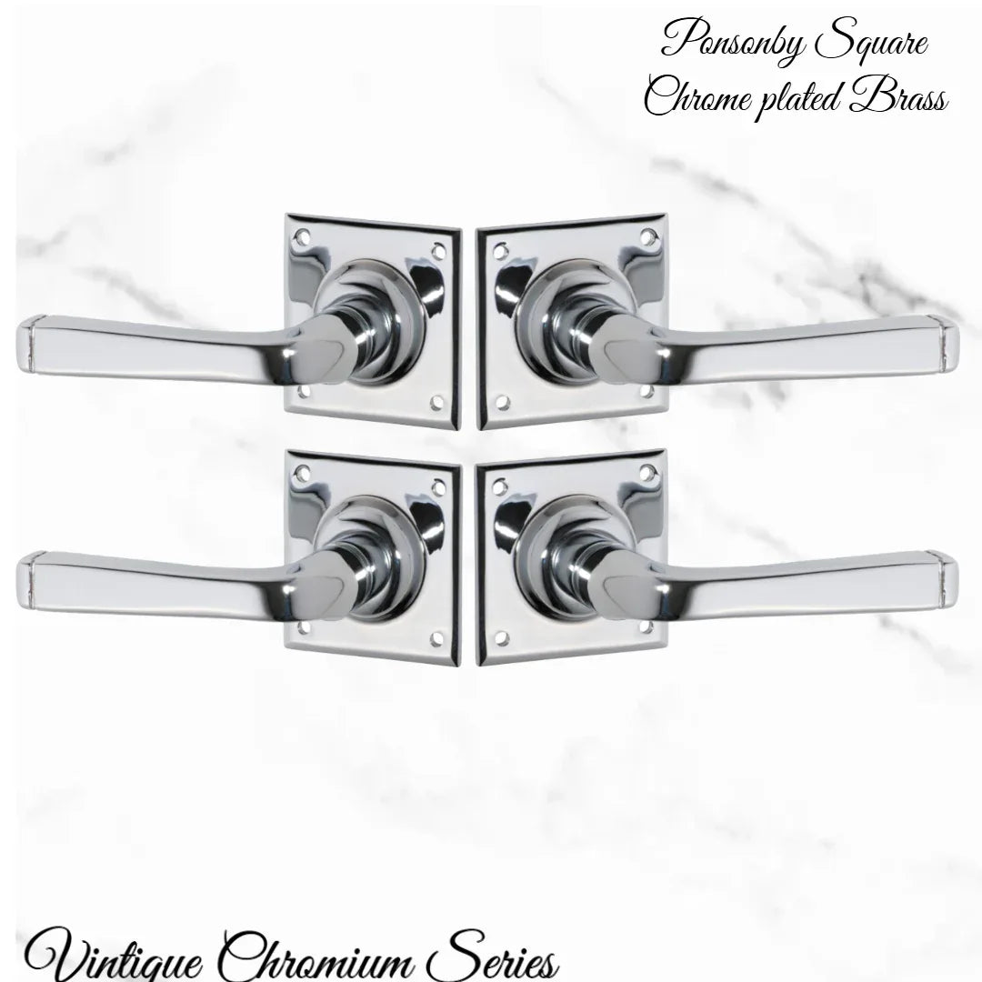 Ponsonby Square Chrome plated lever door handle 60x60mm - Vintique Concepts