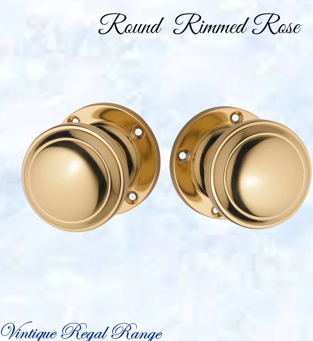 Polished Brass Round Rimmed Rose Door Knob 54mm dia - Vintique Concepts
