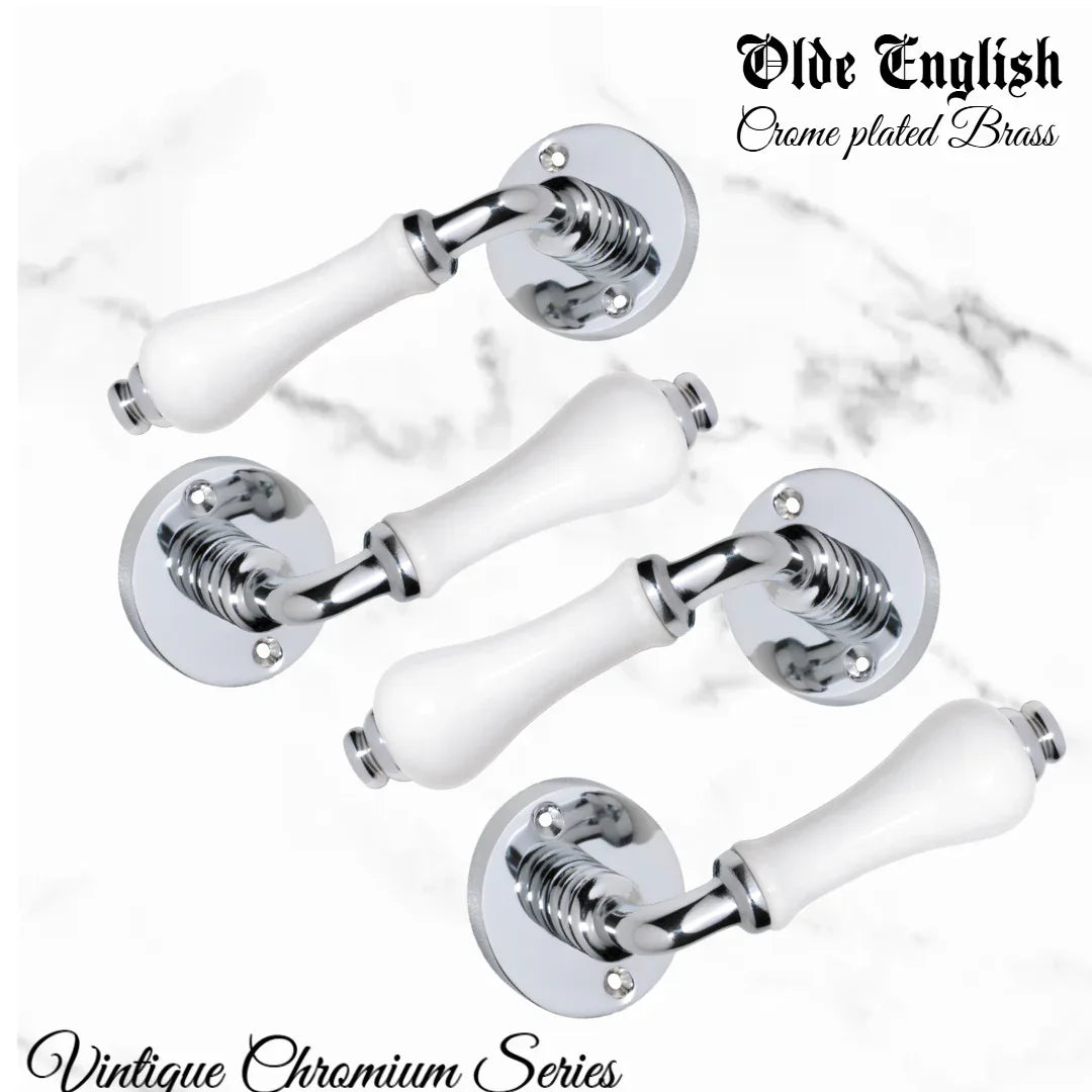 Chrome plated Brass Olde English with White Porcelain lever door handle - Vintique Concepts
