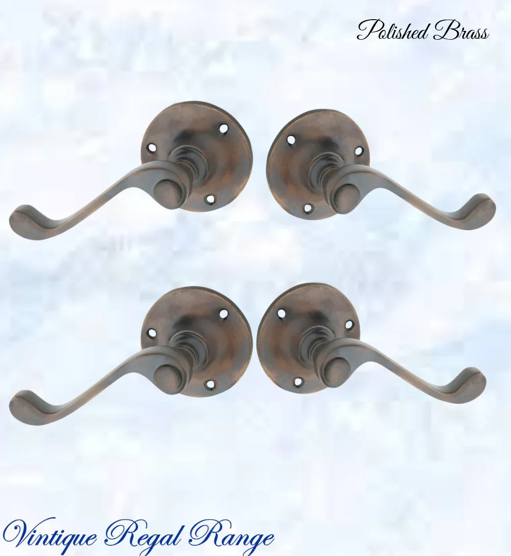 Antiqued Brass Round Rose base/ Wave lever door handle 68mm dia - Vintique Concepts