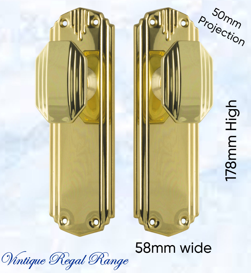 Polished Brass Art Deco Door knob W/backplate 178mm x 58mm-Vintique Concepts