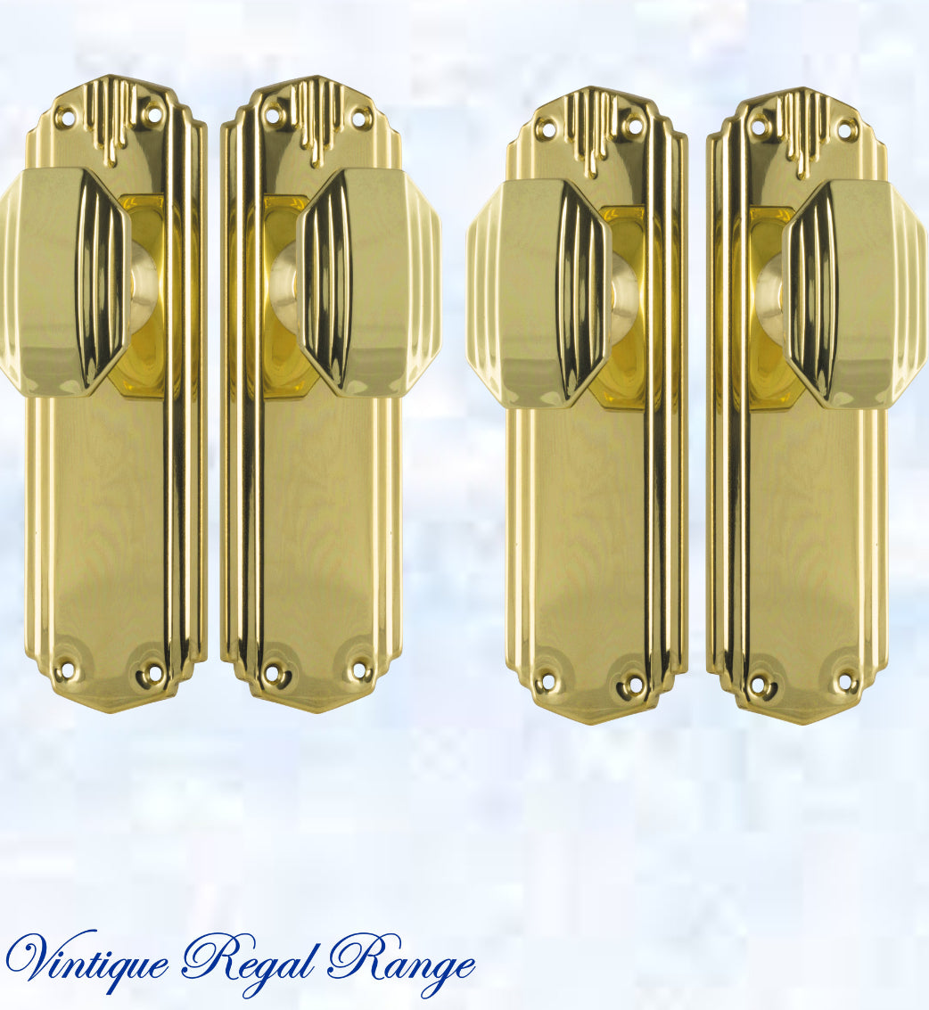 Polished Brass Art Deco Door knob W/backplate 178mm x 58mm-Vintique Concepts