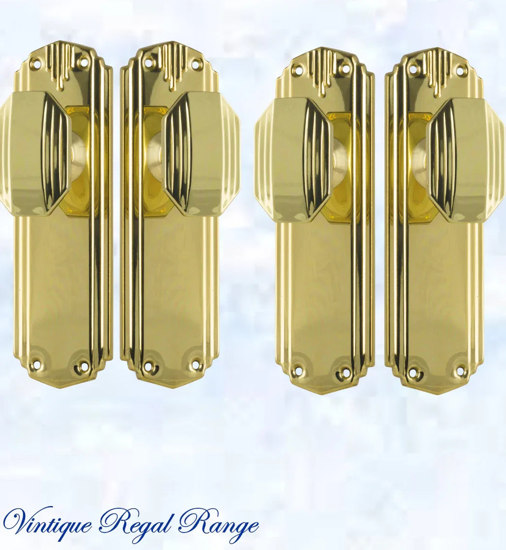 Polished Brass Art Deco Door knob W/backplate 178mm x 58mm - Vintique Concepts