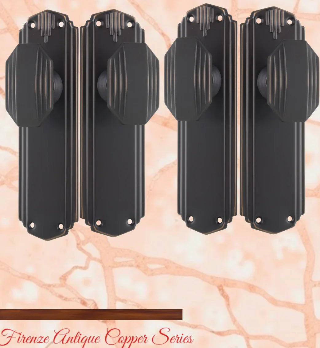 Antiqued Copper Art Deco Door knob W/backplate 178mm x 58mm - Vintique Concepts