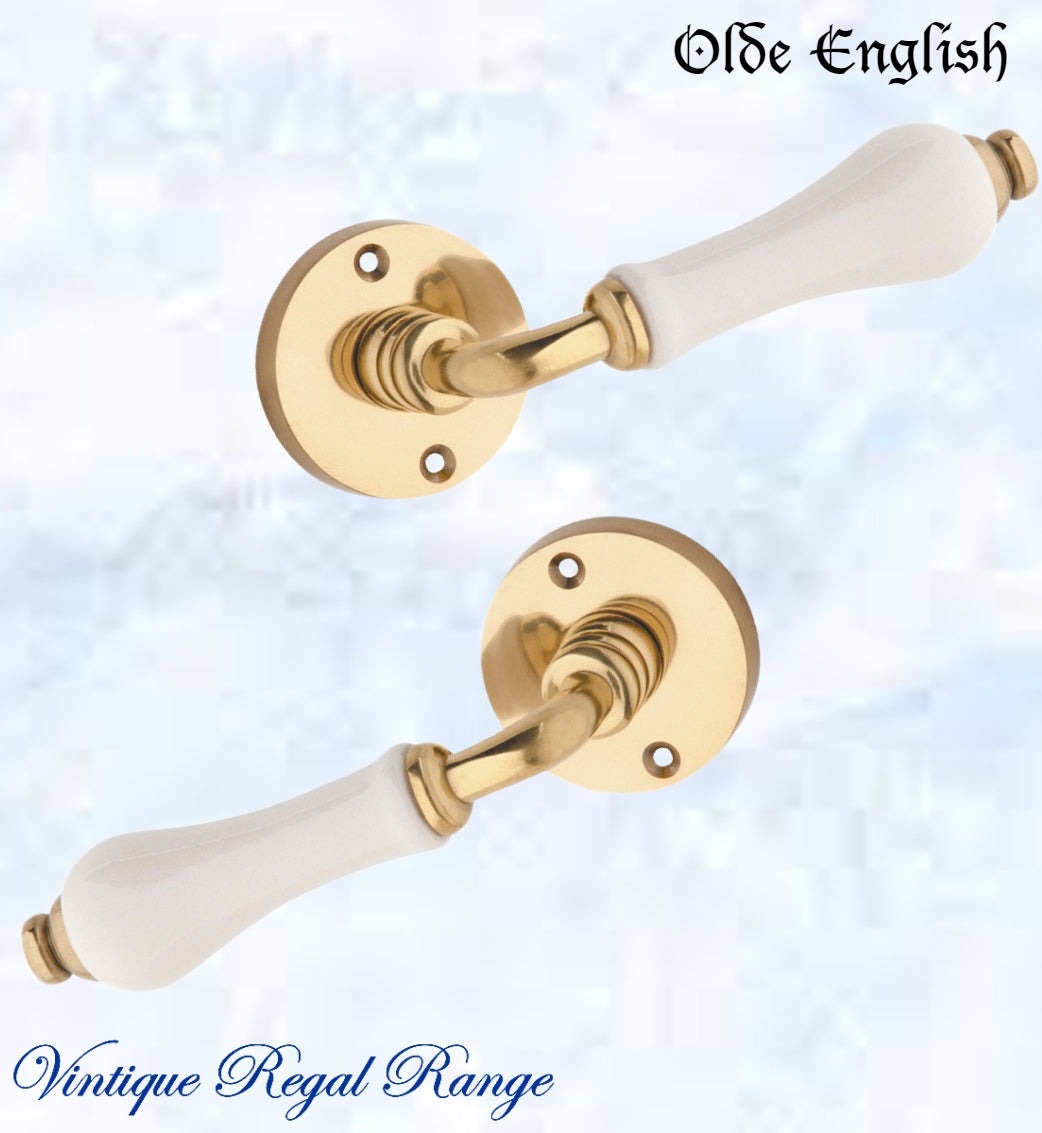 Polished Brass Olde English with Ivory Porcelain lever door handle-Vintique Concepts