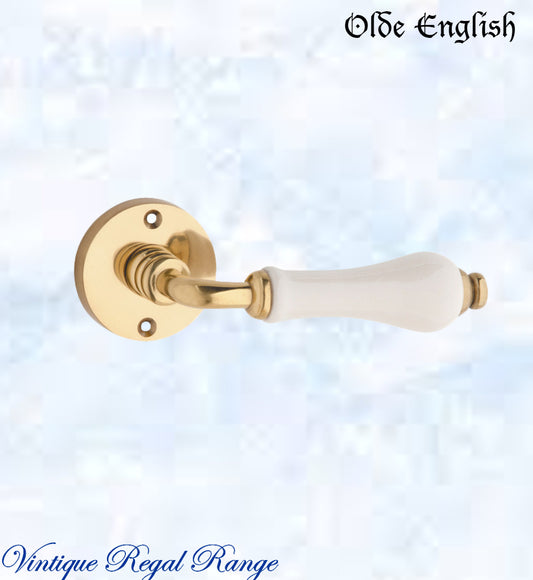 Polished Brass Olde English with Ivory Porcelain lever door handle-Vintique Concepts