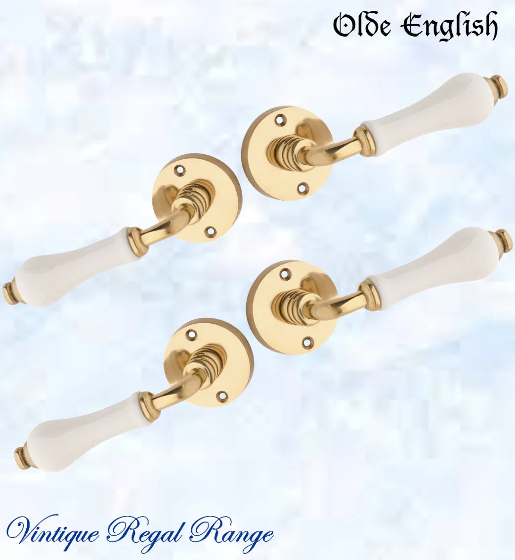 Polished Brass Olde English with Ivory Porcelain lever door handle - Vintique Concepts