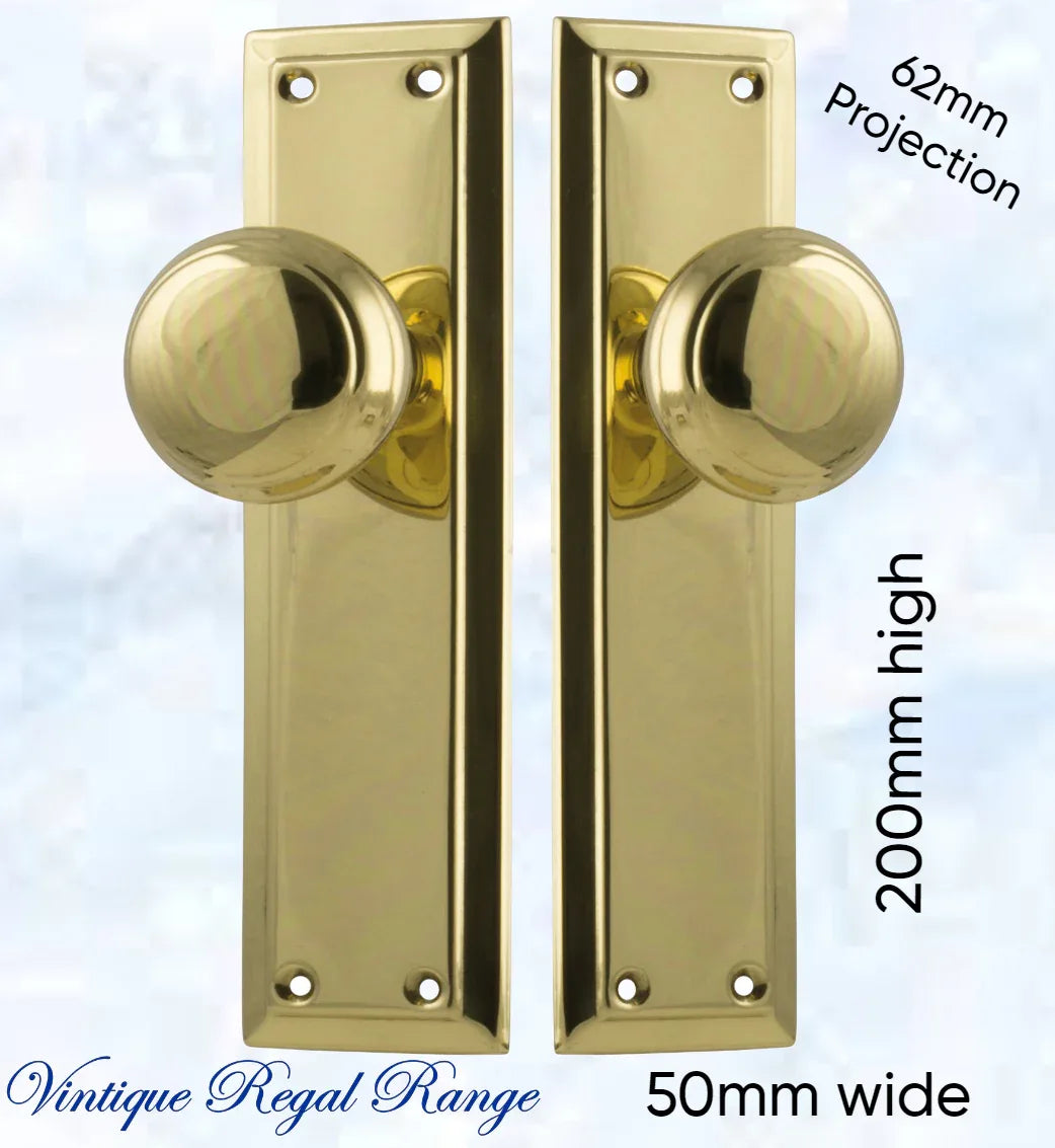 Polished Brass Long Shank Door knob W/backplate 200 x 50mm - Vintique Concepts