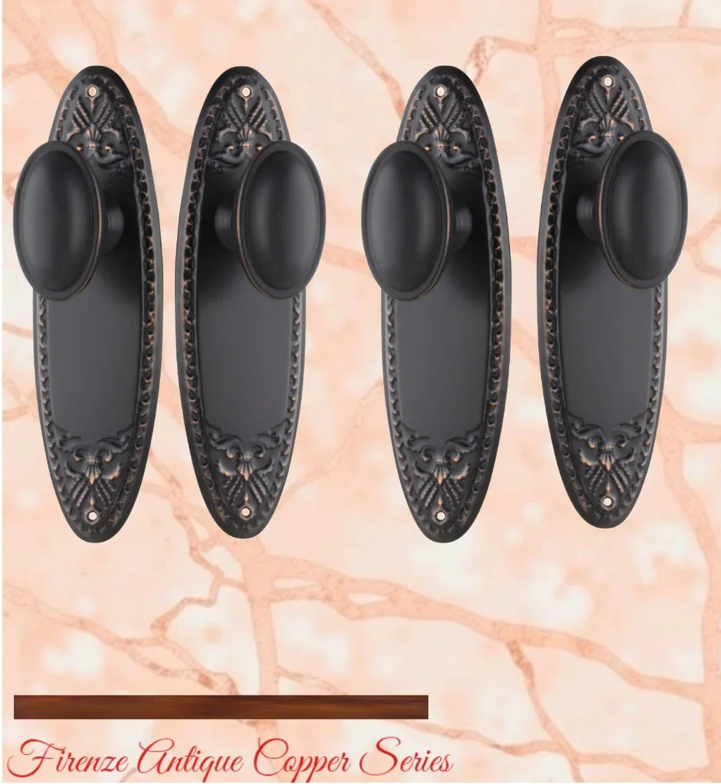 Antiqued Copper Versaille Door knob W/backplate 205 x 60mm - Vintique Concepts