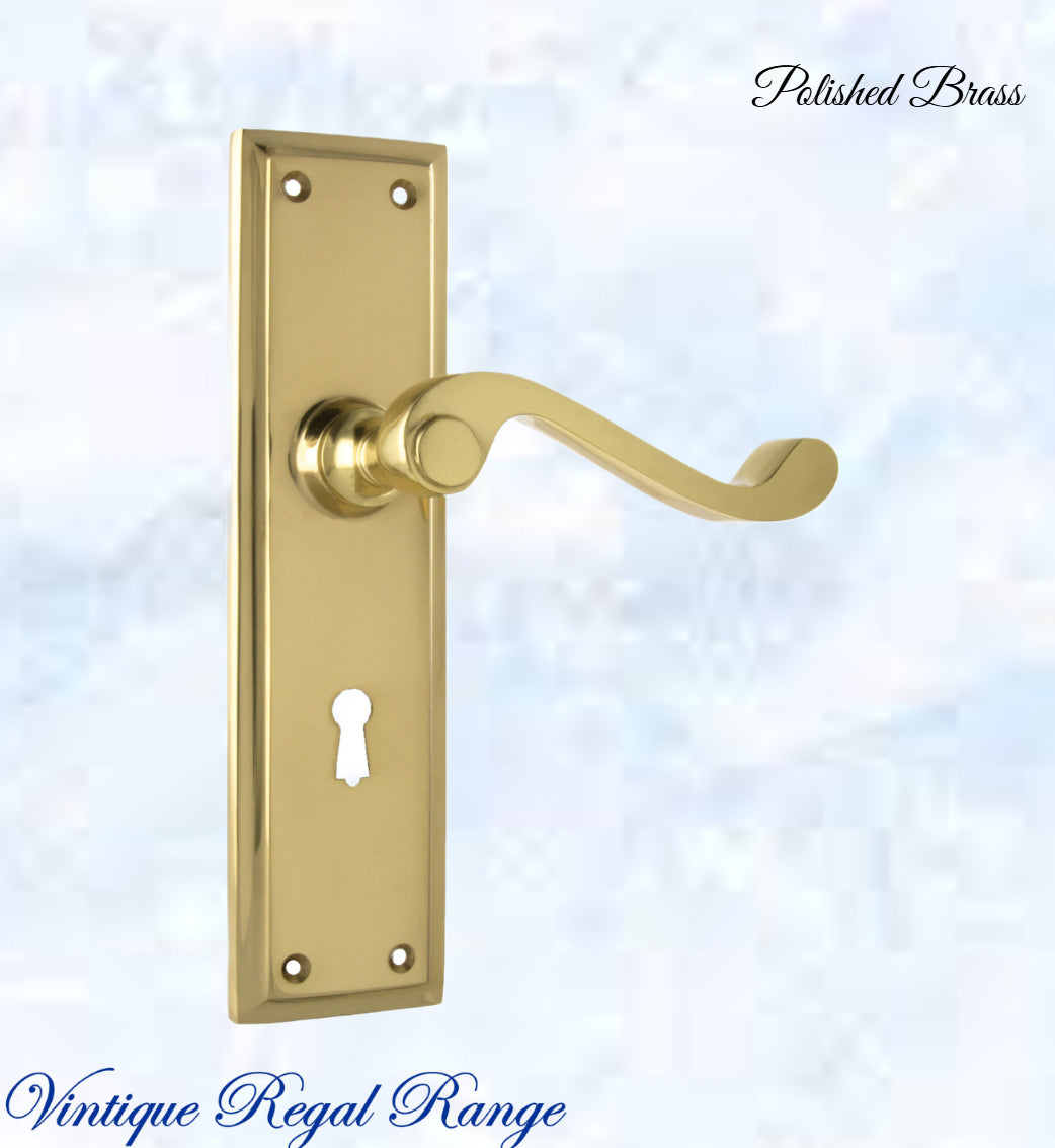 Polished Brass Rect plate/ Wave lever door handle 200x50mm-Vintique Concepts
