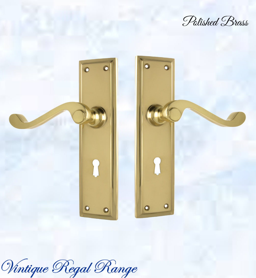 Polished Brass Rect plate/ Wave lever door handle 200x50mm-Vintique Concepts