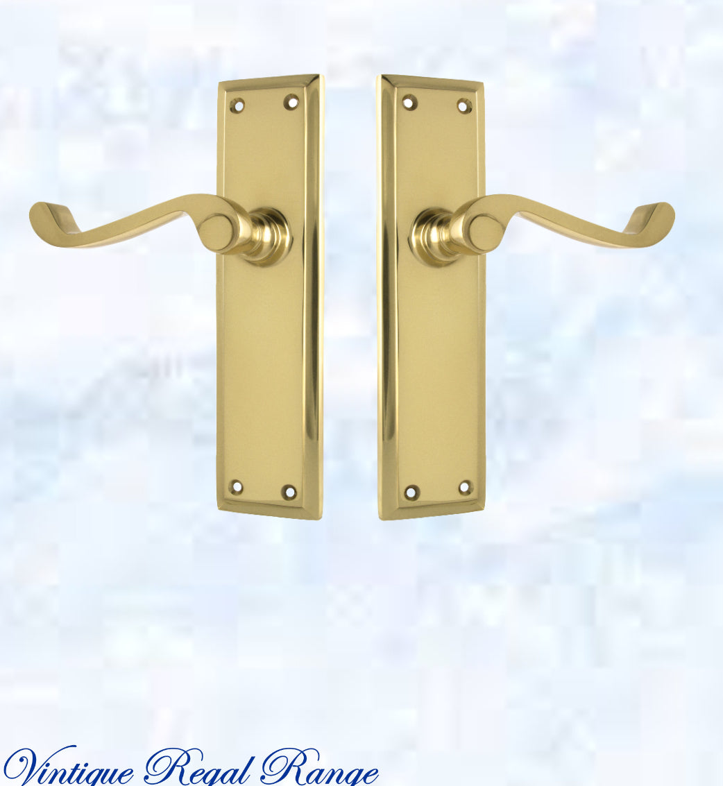 Polished Brass Rect plate/ Wave lever door handle 200x50mm-Vintique Concepts