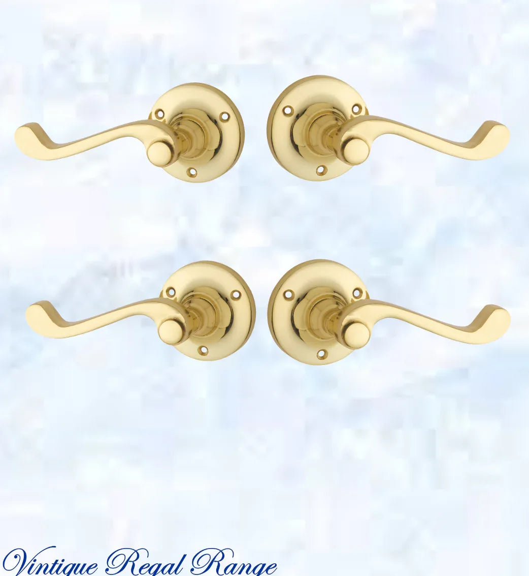 Polished Brass Round Rose base/ Wave lever door handle 68mm dia - Vintique Concepts