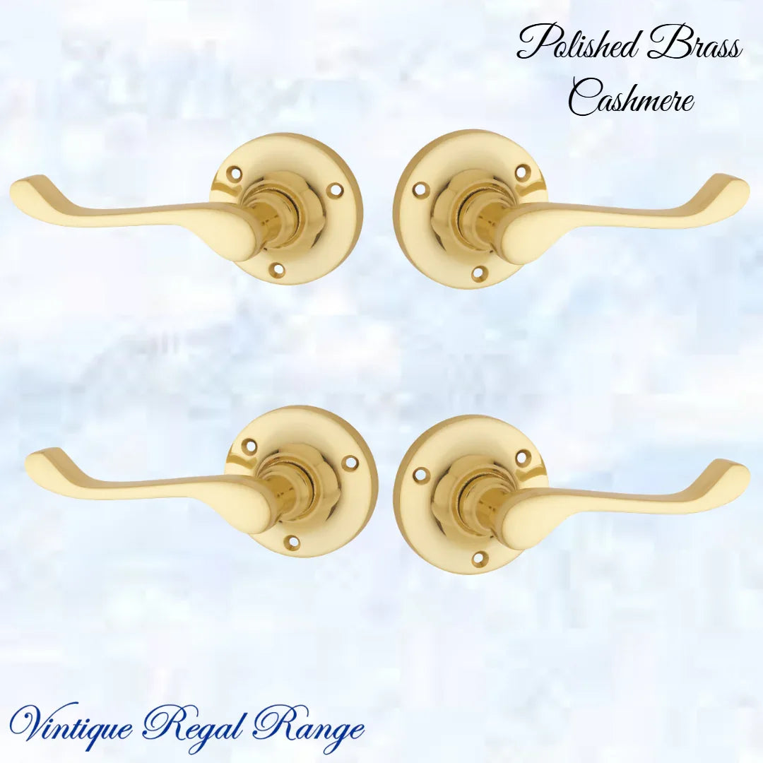 Cashmere Polished Brass Round Rose/ Wave lever door handle 63mm dia - Vintique Concepts
