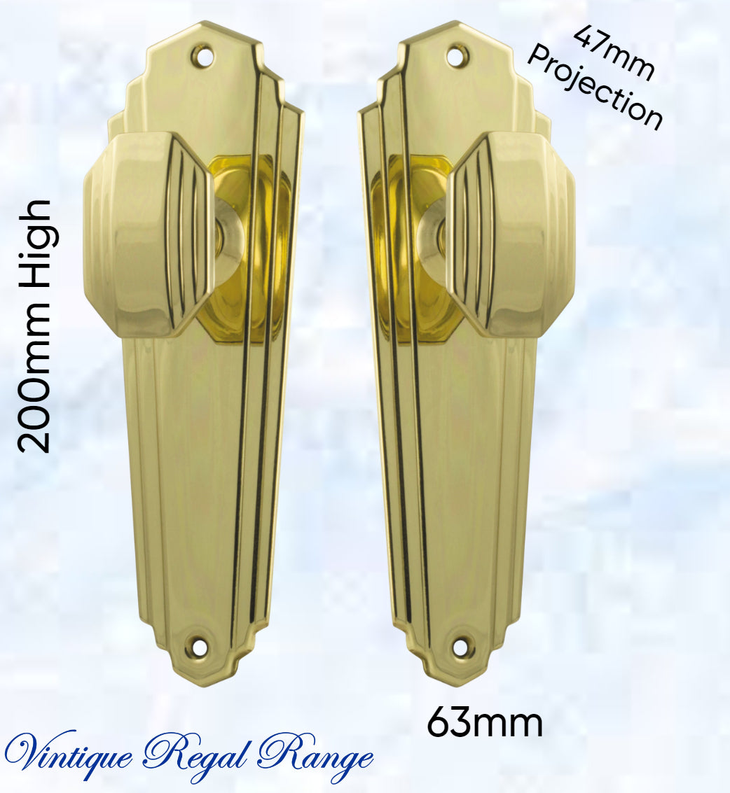 Polished Brass Art Deco Jive Door knob W/backplate 200x 63mm-Vintique Concepts