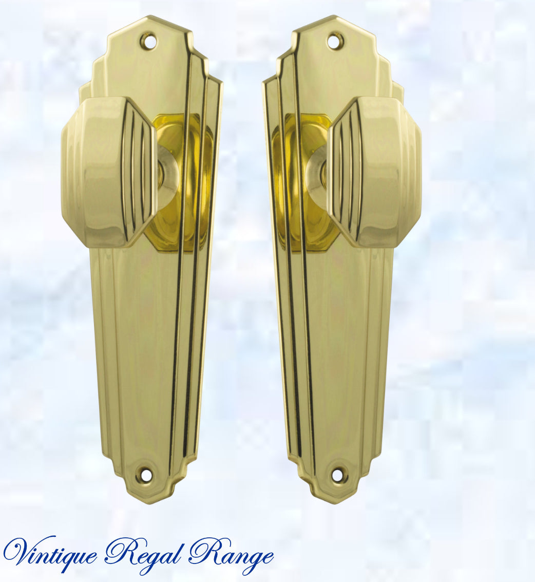 Polished Brass Art Deco Jive Door knob W/backplate 200x 63mm-Vintique Concepts