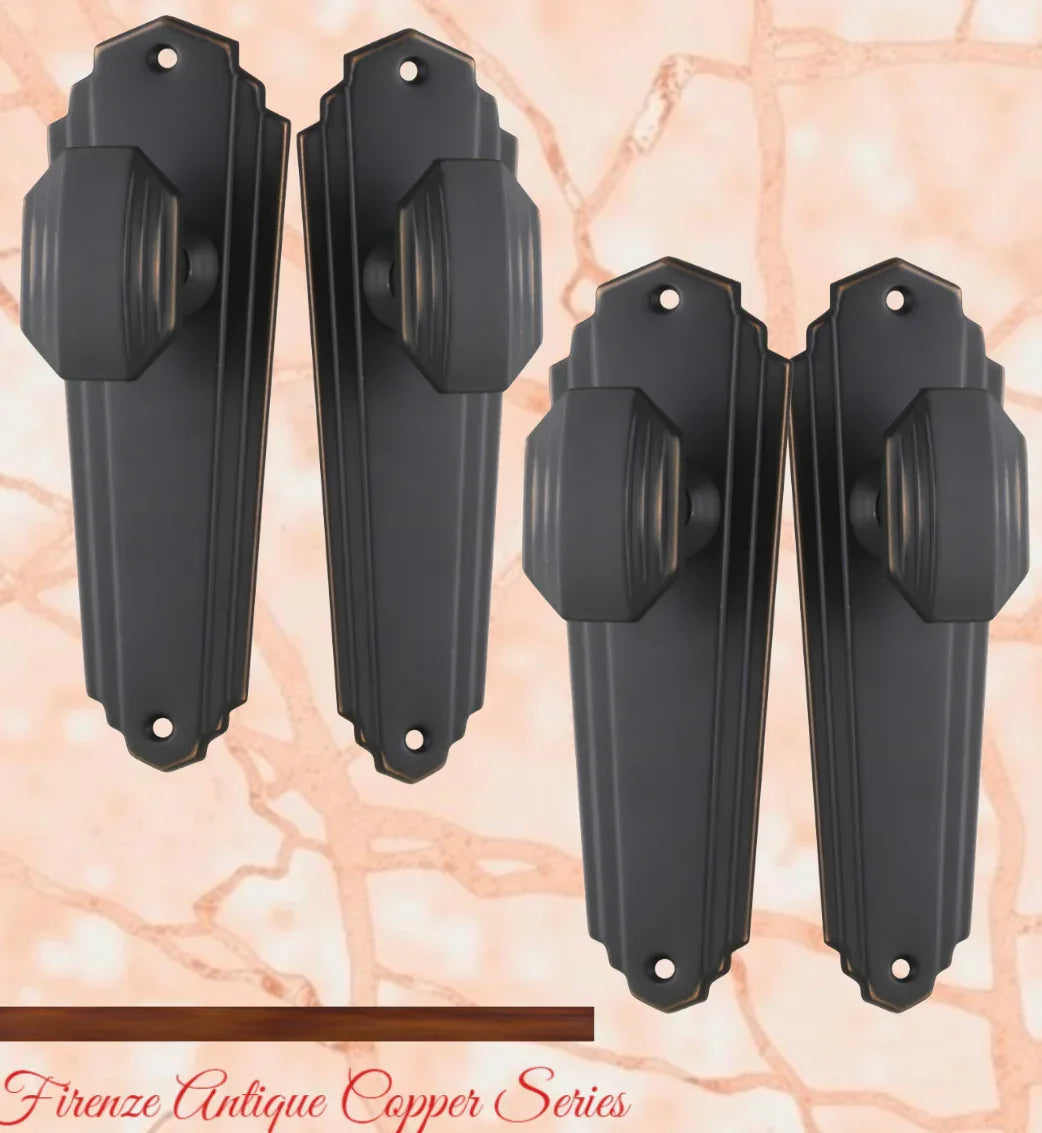 Antiqued Copper Art Deco Jive Door knob W/backplate 200x 63mm - Vintique Concepts