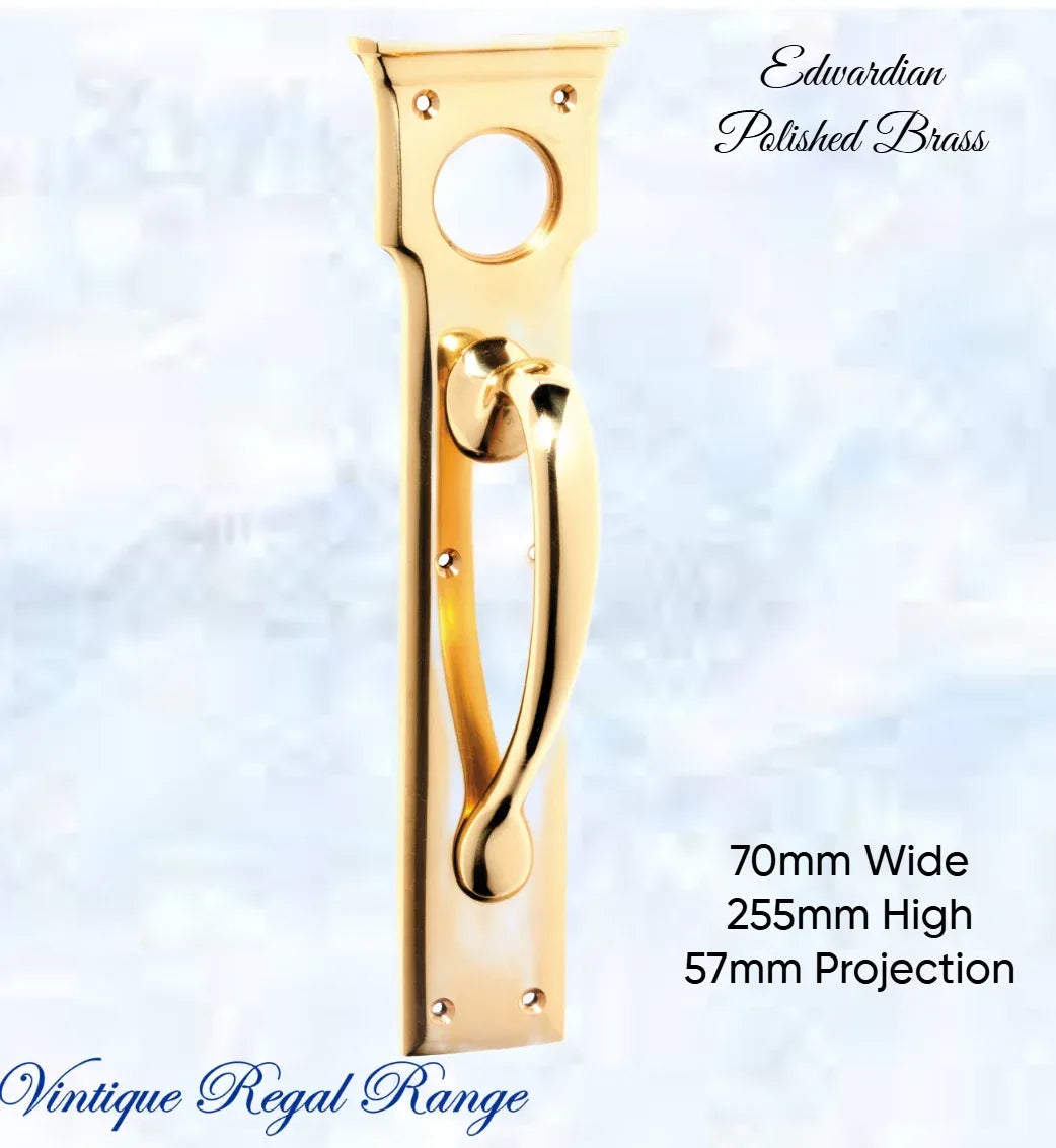 Polished Brass Edwardian Cylinder hole door handle 255mm H - Vintique Concepts