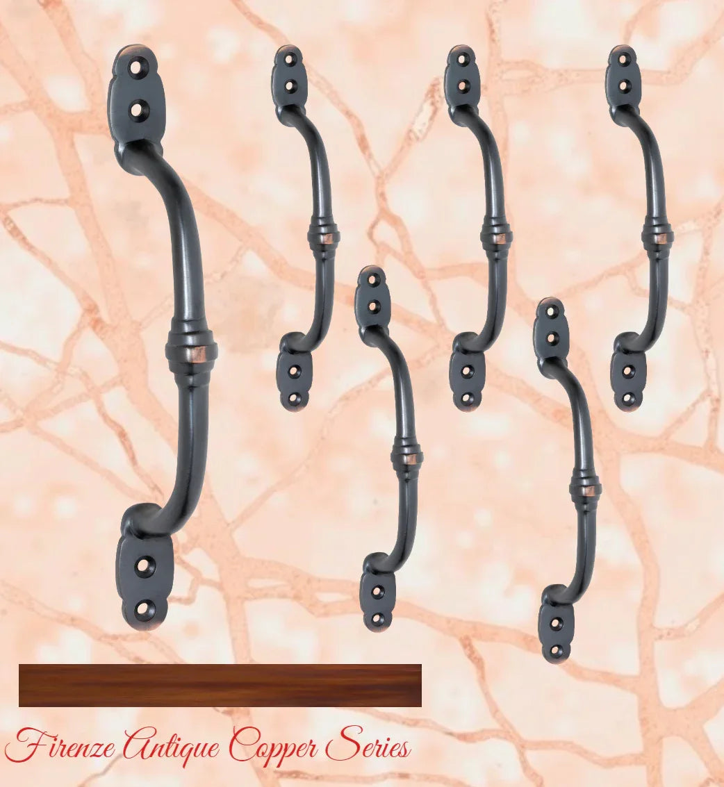 Antiqued Copper Victorian Offset Ringed Door handle 180mm long - Vintique Concepts