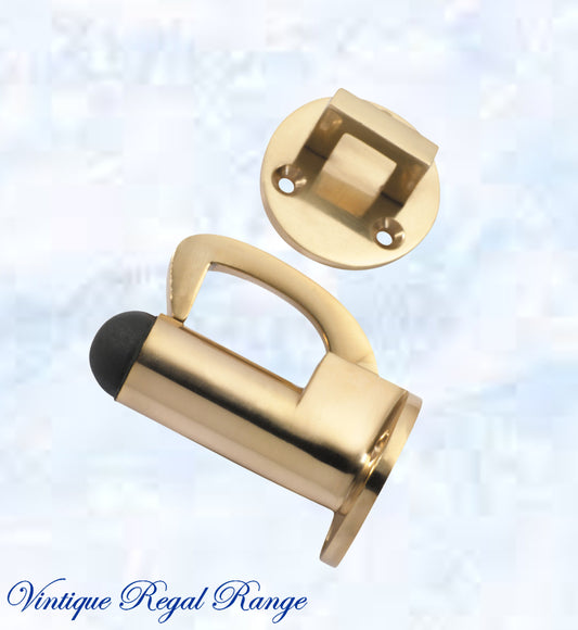 Polished Brass Hook & secure rubber door stop -70mm long-Vintique Concepts
