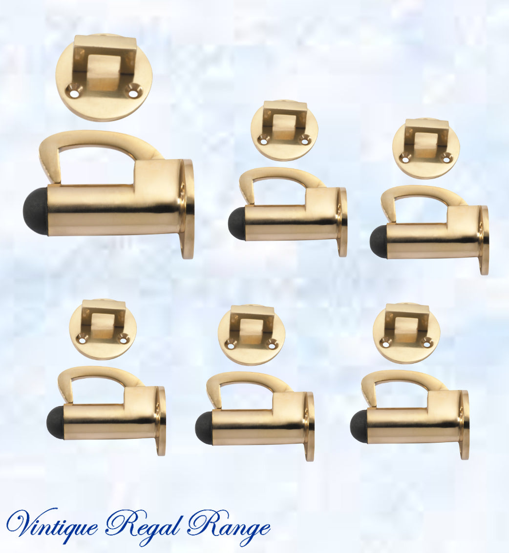 Polished Brass Hook & secure rubber door stop -70mm long-Vintique Concepts