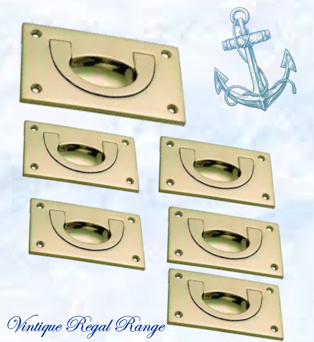 Mariner Polished Brass Ring Flush Pull rect door handle 90x88mm-Vintique Concepts