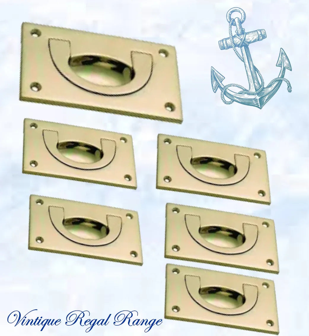 Mariner Polished Brass Ring Flush Pull rect door handle 90x88mm - Vintique Concepts