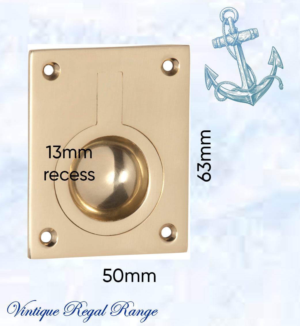 Marine Polished Brass Ring Flush Pull door handle 50mm x63mm-Vintique Concepts