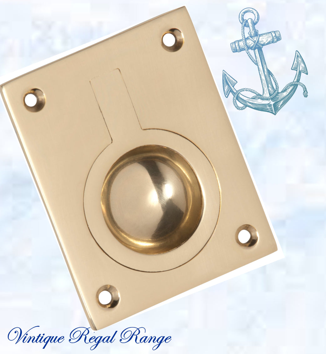 Marine Polished Brass Ring Flush Pull door handle 50mm x63mm-Vintique Concepts