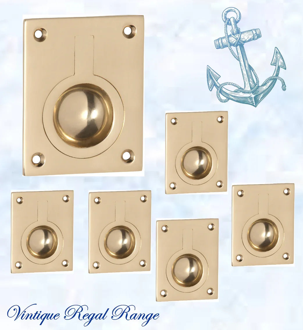 Marine Polished Brass Ring Flush Pull door handle 50mm x63mm - Vintique Concepts