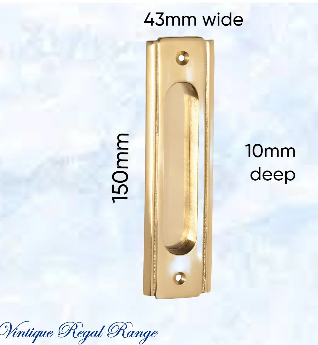 Art Deco Polished Brass Flush Pull door handle 150mm x 43mm - Vintique Concepts