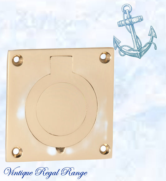 Yacht Polished Brass Ring Flush Pull door handle 63mm x 63mm-Vintique Concepts